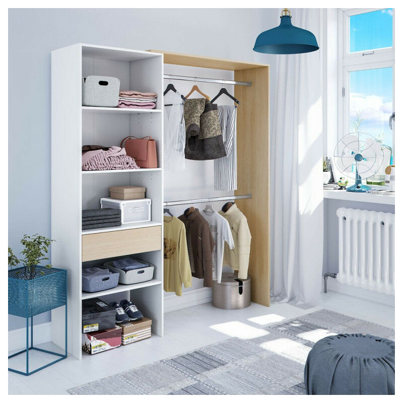 

La Cibertienda - Armario vestidor con estantes y barras de colgar, color blanco y madera