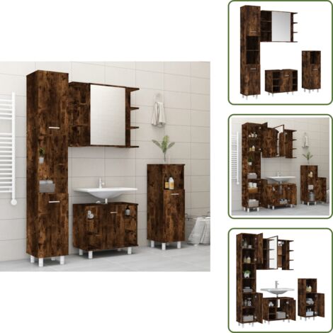 Armarios de baño de madera contrachapada - vidaXL Set de muebles de baño 4 piezas madera contrachapada roble humo - Armarios de baño con espejo