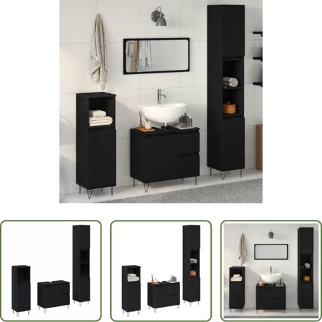 Armarios de baño -  Juego de muebles de baño 3 pcs Roble Negro 30 x 30 x 190 cm