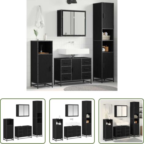 Armarios de baño -  Juego de muebles de baño 4 pcs Roble Negro Madera contrachapada