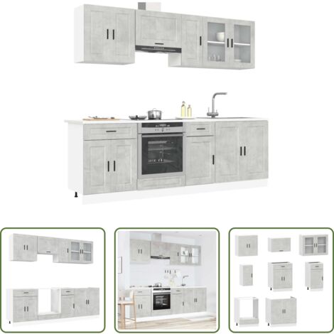 Armarios de cocina de madera -  Conjunto de armarios de cocina "Porto" de 8 piezas en madera de ingeniería gris hormigón