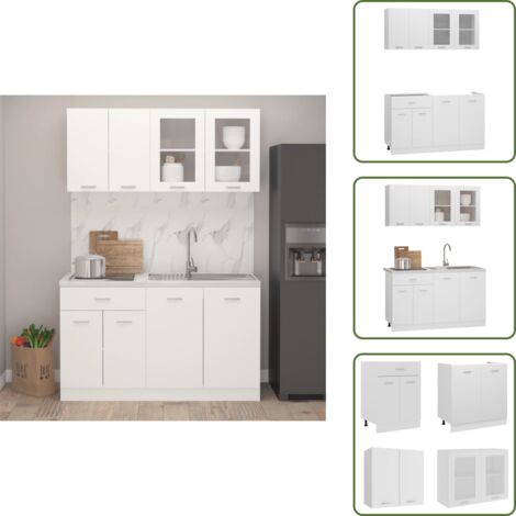 Armarios de cocina de madera contrachapada - vidaXL Conjunto de armarios de cocina de 4 piezas "Lyon" de en madera de ingeniería blanca - Armarios de cocina con cajón