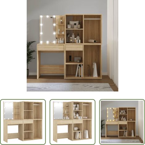 Armarios de madera contrachapada -  Tocador con LED y 2 armarios madera contrachapada roble Sonoma