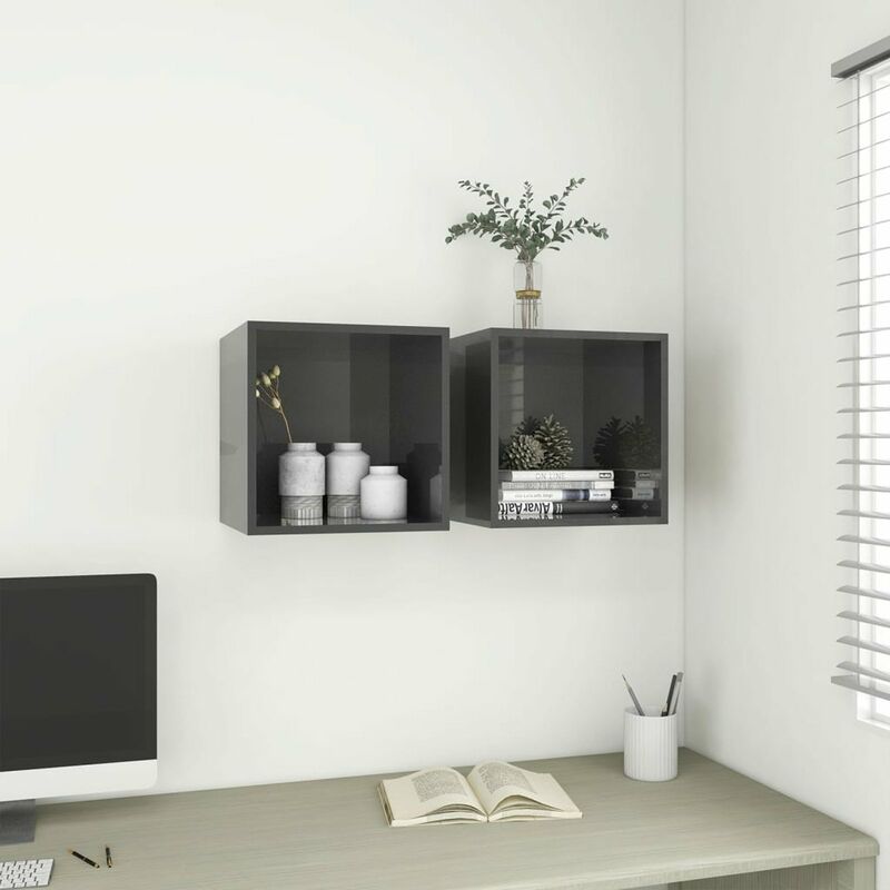 

Armarios de pared 2 uds gris brillo aglomerado 37x37x37 cm