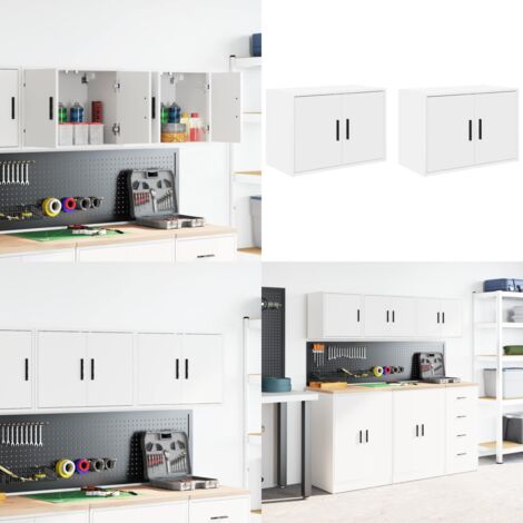 Armarios de pared 2 uds para garaje madera de ingeniería blanco - Almacenamiento de herramientas - Armarios de garaje