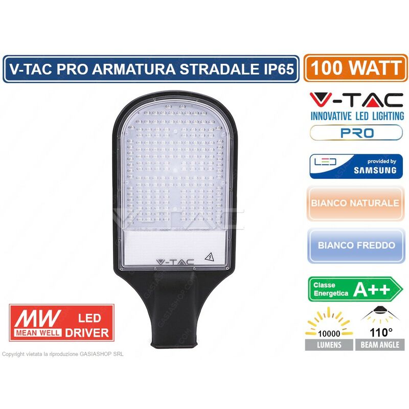 Image of Pro VT-101ST lampada stradale led 100W lampione smd chip samsung - sku 535 / 536 IP65 meanwell - Colore Luce: Bianco Naturale - V-tac