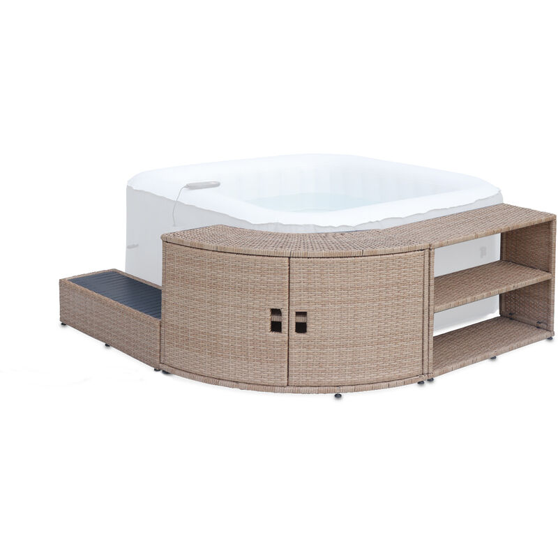 Sweeek - Armazón De Spa, Contorno De Resina Tejida Natural Para Spa Cuadrado Con Mueble, Estante Y Escalón - Natural