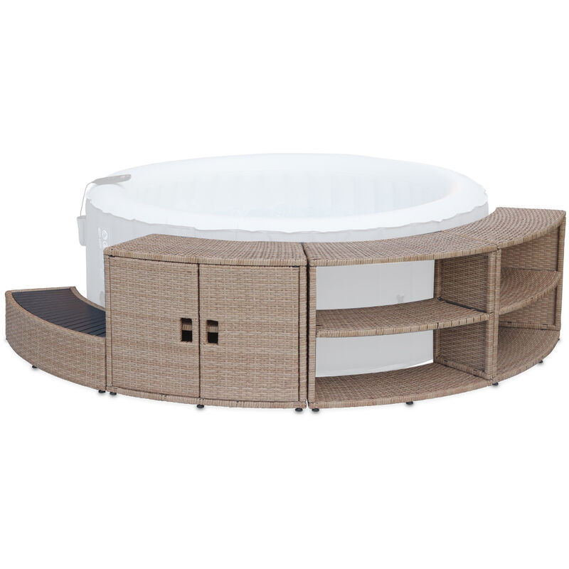 Armazón De Spa, Contorno De Resina Tejida Natural Para Spa Redondo Con Mueble, Estantes Y Peldaños - Natural