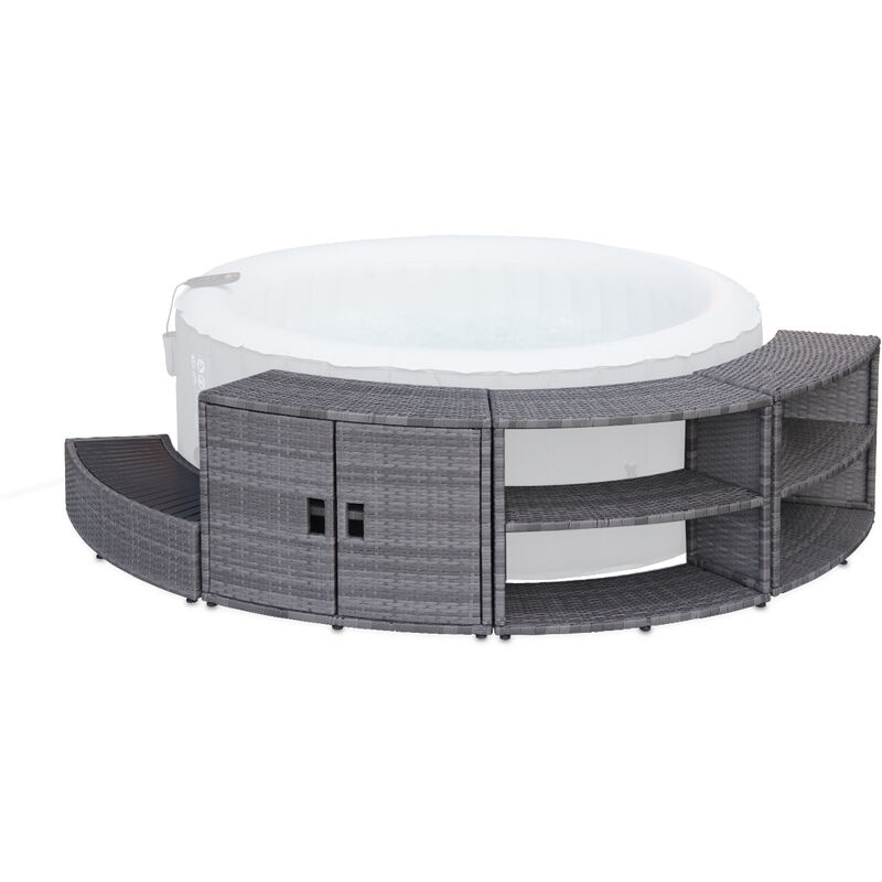 Sweeek - Armazón De Spa, Contorno De Resina Tejida Gris Para Spa Redondo Con Mueble, Estantes Y Peldaños - Gris