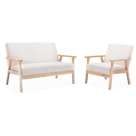 Armchair and love seat in boucle fabric and rubber wood, Isak boucle set, Off-White Boucle, 114x69.5x73 cm