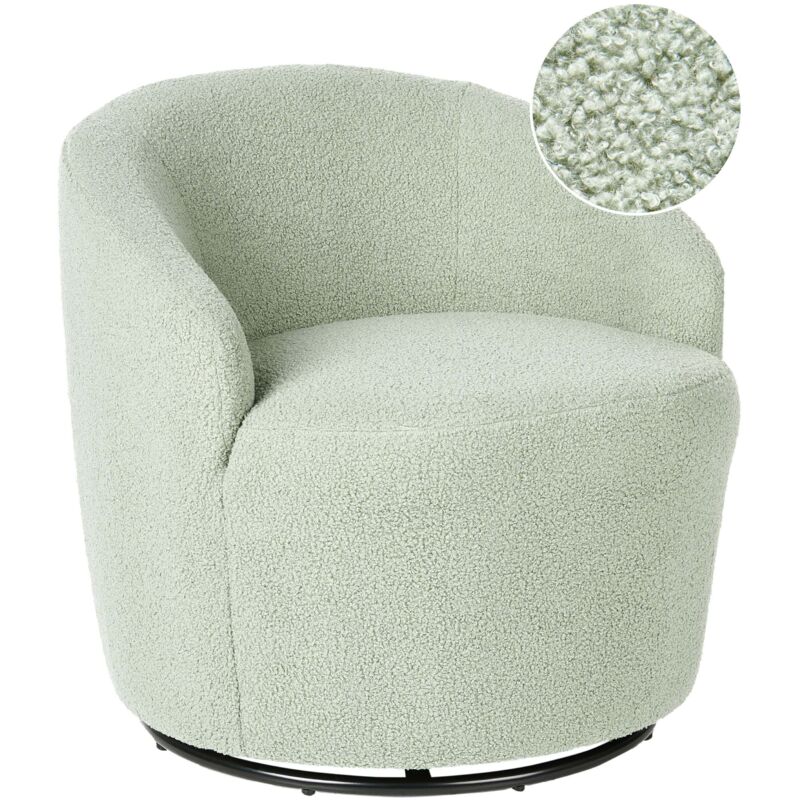 Beliani - Armchair Curved Backrest Glam Art Deco Boucle Fleece Black Base Swivel 360° Light Green Davik