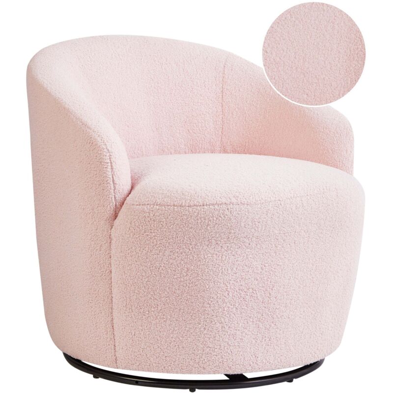 Beliani Armchair Curved Backrest Glam Art Deco Boucle Fleece Black Base Swivel 360° Pastel Pink Davik