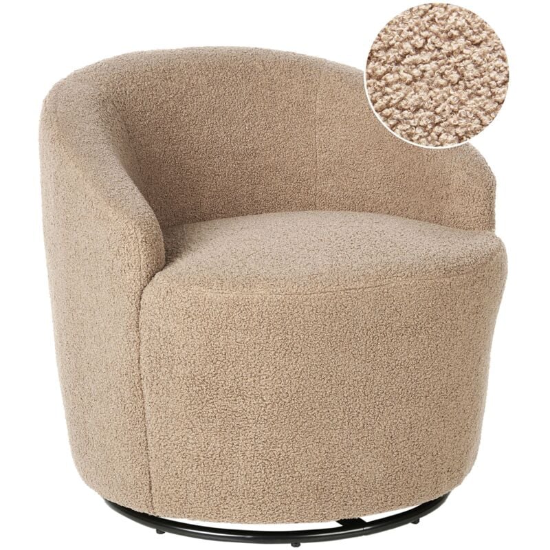 Armchair Curved Backrest Glam Art Deco Boucle Fleece Black Base Swivel 360° Taupe Davik