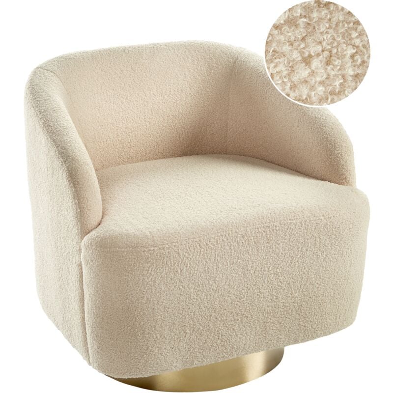 Armchair Curved Glam Art Deco Boucle Fleece Gold Base Swivel 360° Beige Lavik