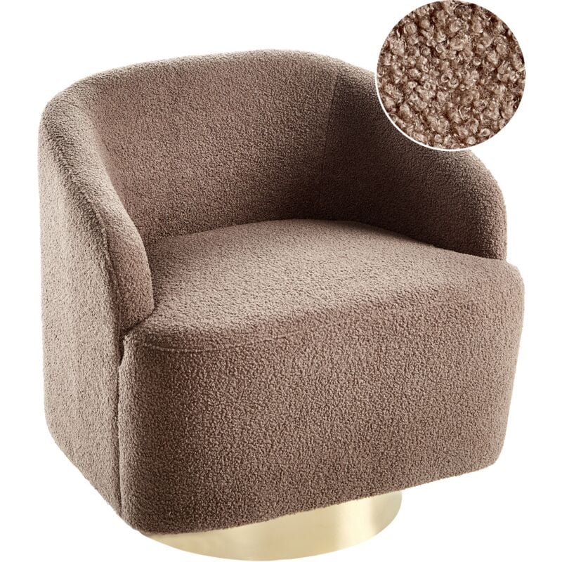 Armchair Curved Glam Art Deco Boucle Fleece Gold Base Swivel 360° Brown Lavik