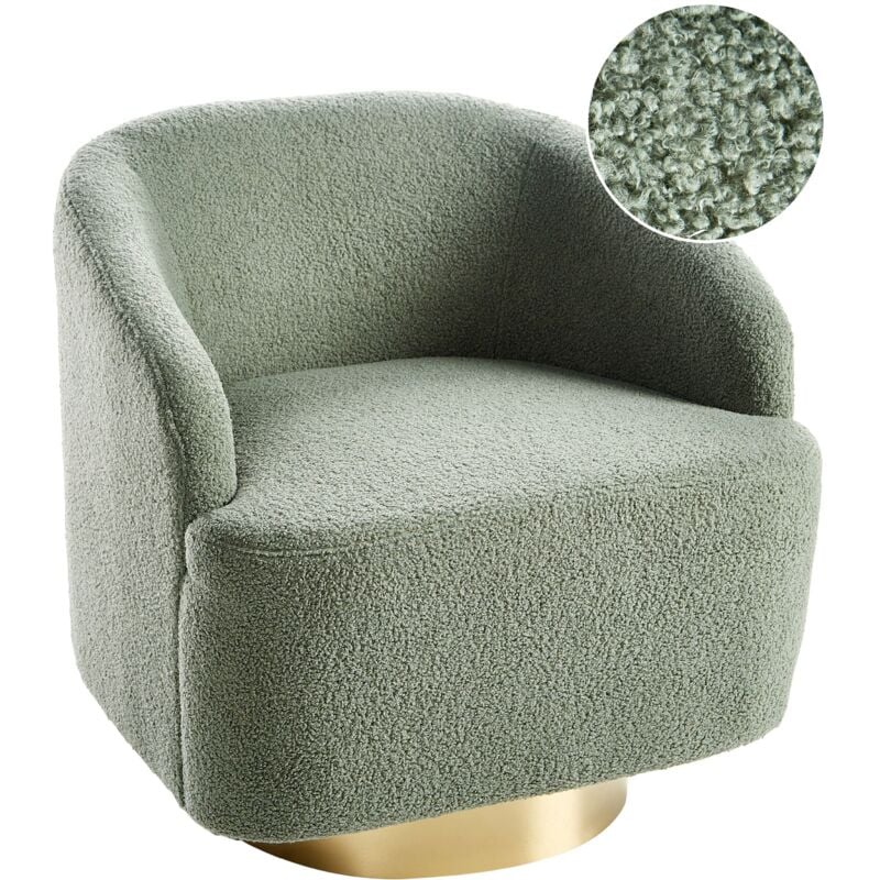 Beliani - Armchair Curved Glam Art Deco Boucle Fleece Gold Base Swivel 360° Light Green Lavik