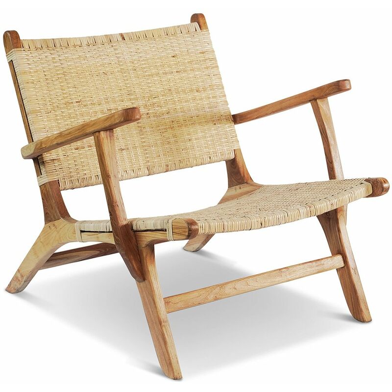 Image of Privatefloor - Armchair in Boho Bali Style, with Armrests, Rattan and Teak Wood - Prava Natural Teka, Rattan, Rattan - Natural