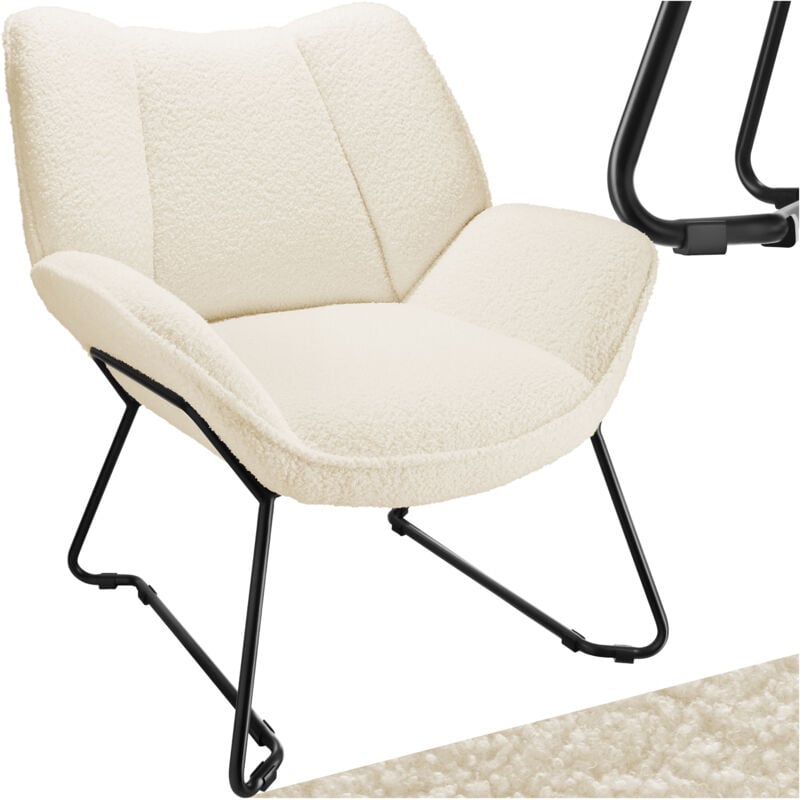 Tectake - Armchair Kjeld - cosy bouclé fabric, wingback design, sleek steel frame - armchair, Upholstered armchair, Recliner - cream-white