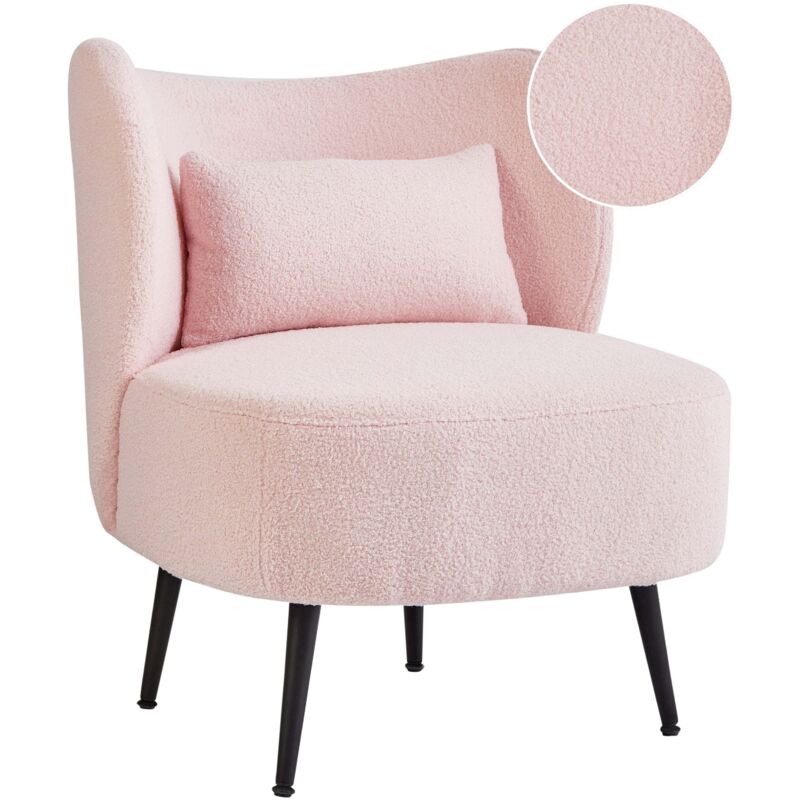 Beliani Armchair Living Room Seating Curved Backrest Glam Design Boucle Upholstery Light Wood Metal Legs Pastel Pink Otsby Ii