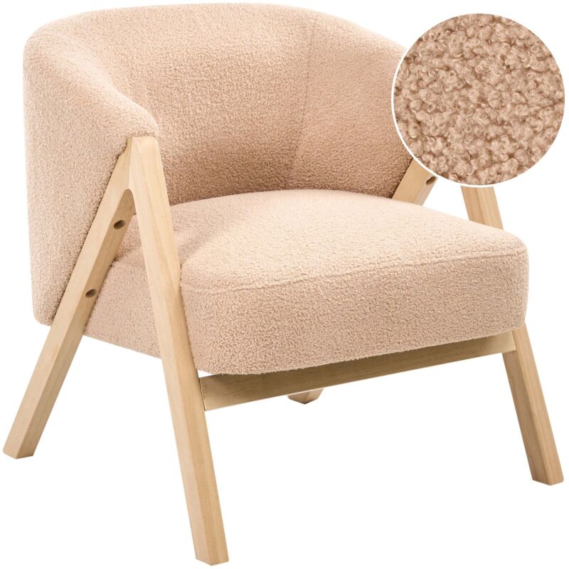 Beliani Armchair Beige Boucle Fabric Accent Chair Wooden Legs Modern Design Living Room Bedroom Skei