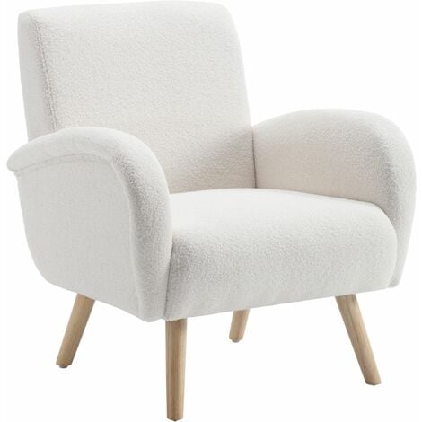 Armchair Upholstered in Faux Fur Modern Occasional Wingback Lounge Chair with Wooden Legs for Bedroom Living Room, White, Wahson