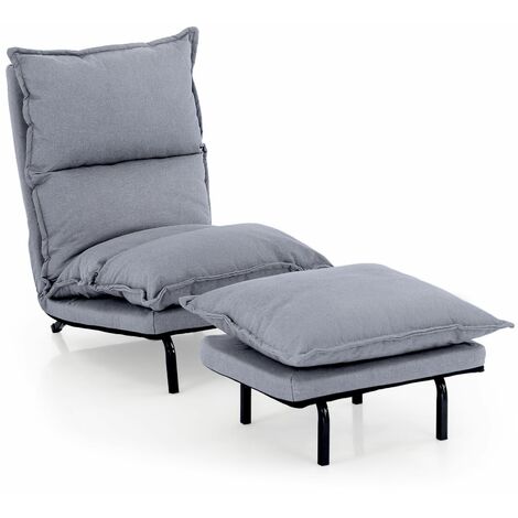 Armless Accent Chair W/ Ottoman Faux Linen Fabric Leisure Chair Adjustable Back