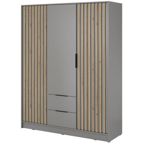 Armoire 150 cm Fioro - Armoire du fabricant, armoire de chambre à coucher - armoire à portes battantes avec lamelles, 3 portes (Gris)