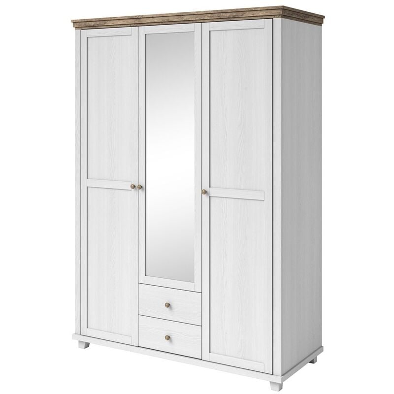 Meublorama - Armoire 150x220 avec 3 portes et 2 tiroirs. Coloris blanc et chêne. Collection assia