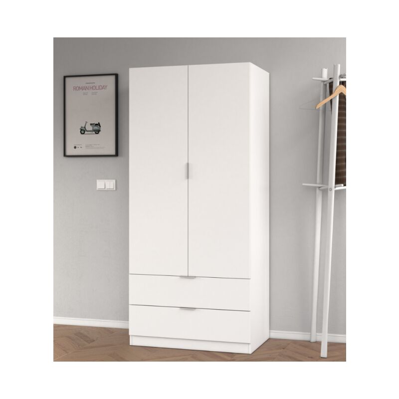 Armoire 81.5X180H cm Blanc mat avec deux portes et deux tiroirs | Blanc