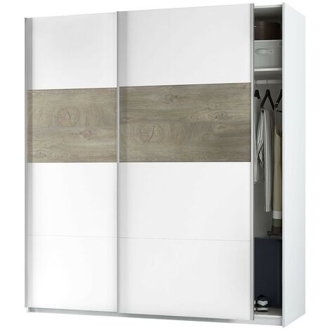 Armoire 180x200H cm Blanc mat et chêne avec 2 portes coulissantes chêne et blanc