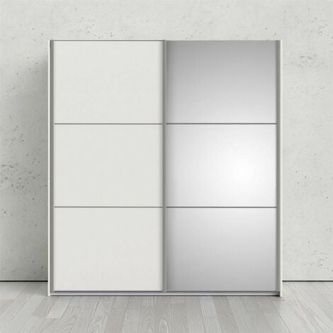 Armoire 182x200H cm Blanc mat avec porte coulissante à miroir Blanc