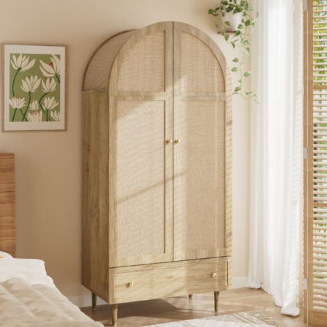 HAUSS SPOLE Armoire 2 portes 1 tiroir en MDF avec finition noyer, meuble haute pour chambre ou salon, meuble de rangement 79×50×175 cm, naturelle