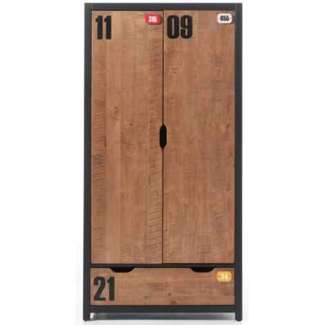 Armoire 2 portes 1 tiroir pin massif foncé et noir Alex