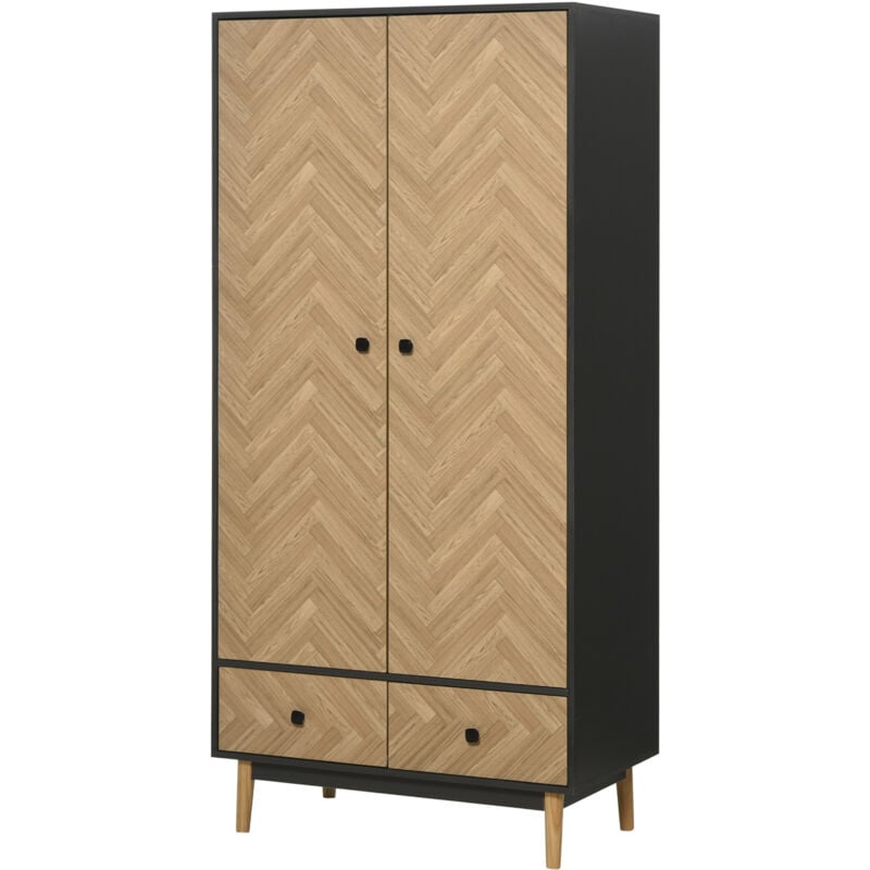 MH - Armoire 2 portes 2 tiroirs 2 barres penderie 2 niches design motif chevrons