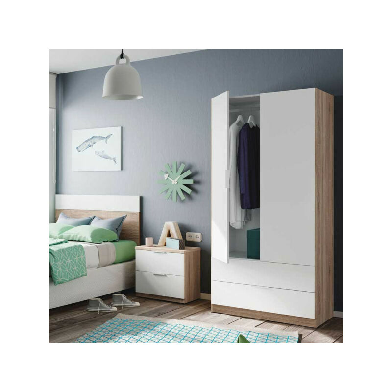 TMM - Armoire 2 portes + 2 tiroirs Blanc/Chêne - wao - l 81.5 x l 52 x h 180 cm