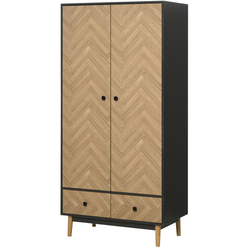Homcom - Armoire 2 portes 2 tiroirs design - 2 barres penderie, 2 niches - façades motif chevrons- gris foncé aspect bois clair