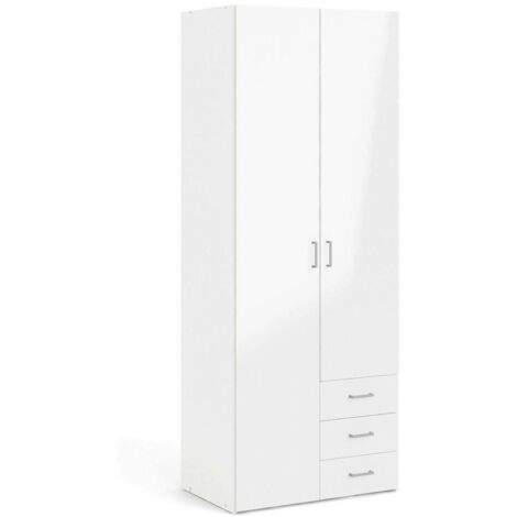 Armoire 2 Portes Apollina, Dressing Chambre, Penderie, 4 Étagères, 49.5x200.4h cm Blanc Brillant
