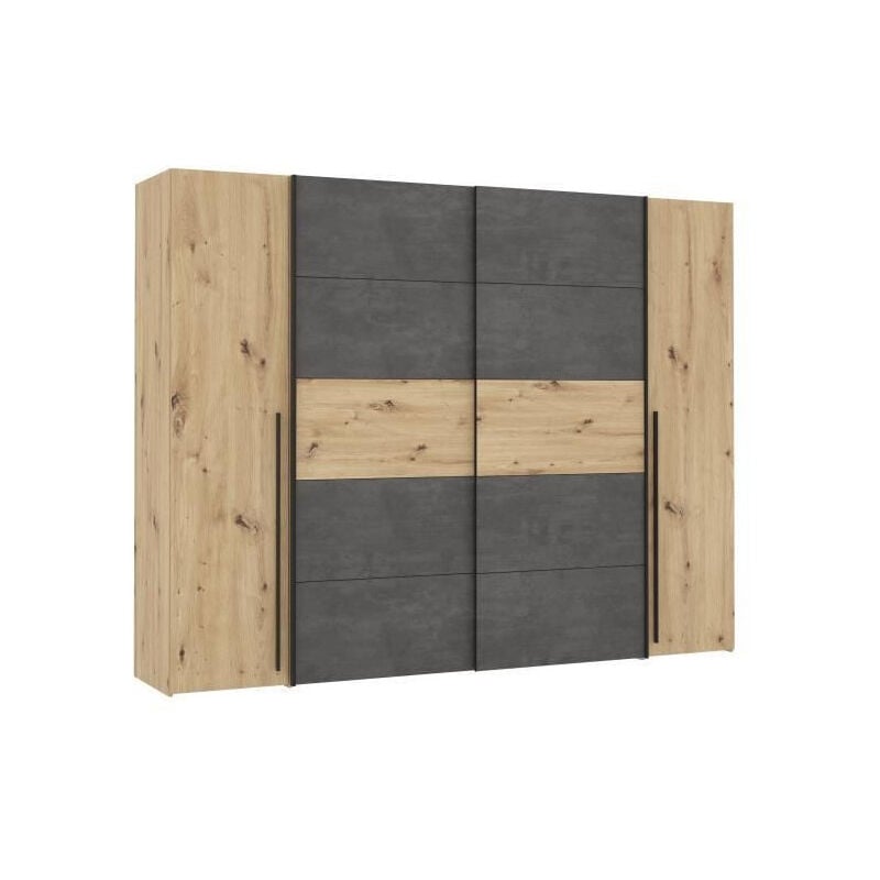 Les Tendances - Armoire 2 portes battantes + 2 portes coulissantes - Decor chene artisan et beton gris - l 270,3 x p 61,2 x h 210 cm - narago
