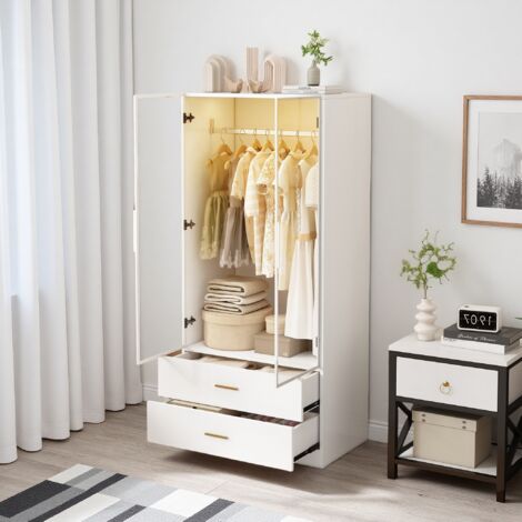Armoire 2 Portes Blanc 175x80x50 cm Penderie Garde-Robe Avec 2 Boites et LED