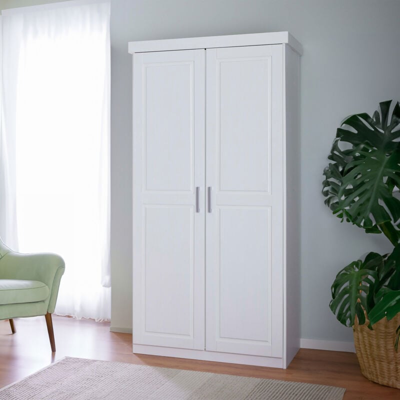 Inter Link - Armoire 2 portes 95x55x190 cm en pin massif laqué blanc