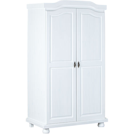 Armoire 2 portes blanche 104 x 180 x 56 cm – Pin massif vernis à l'eau – 3 étagères et barre de suspension intégrées – Inter Link