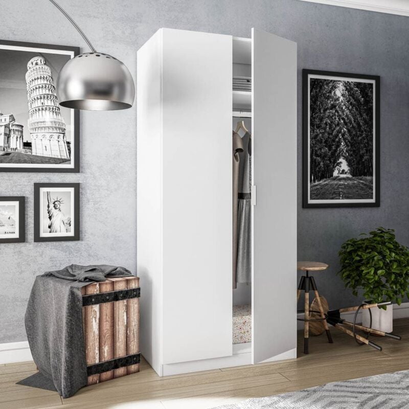 Armoire 2 portes Low Cost blanche 81 cm (largeur) x 180 cm (hauteur) x 52 cm (profondeur) - Blanc