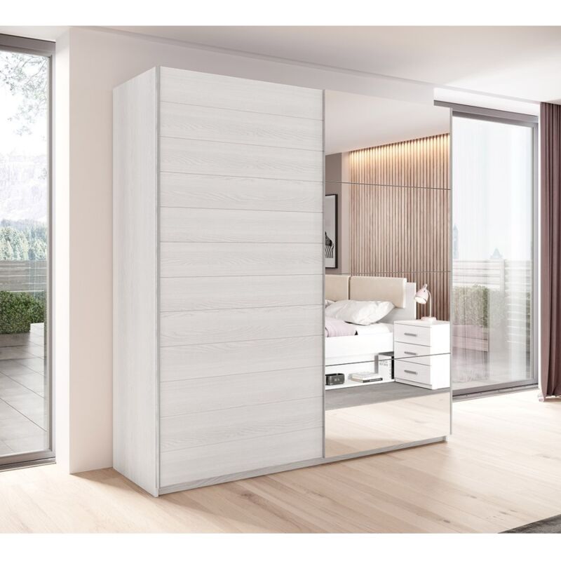 Meublorama - Armoire 2 portes coulissantes 220cm Coloris blanc avec miroir. Collection floyd