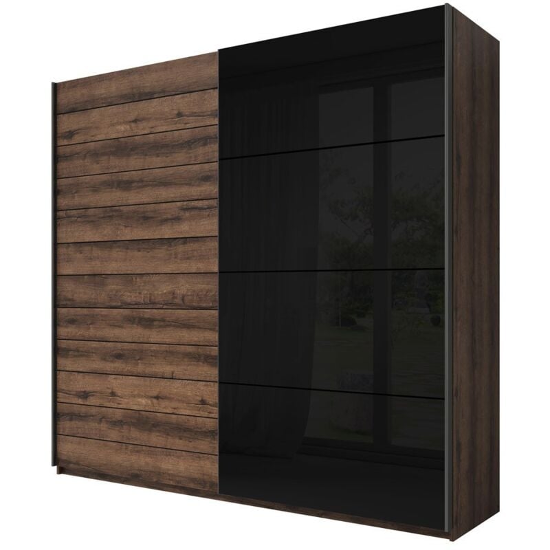Meublorama - Armoire 2 portes coulissantes 220cm couleur chêne foncé et noir. Collection floyd