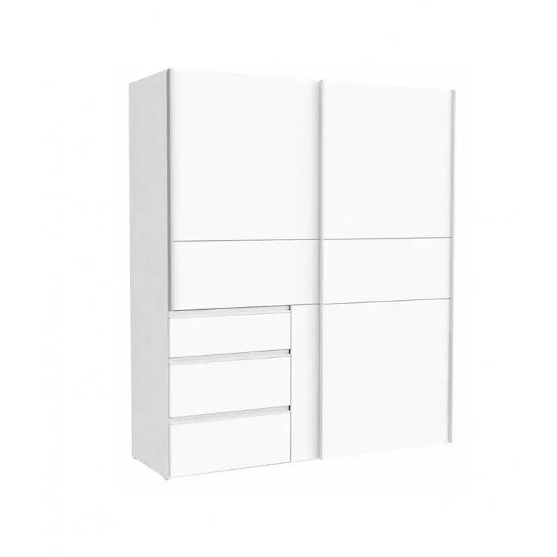 Armoire 170 cm 2 portes coulissantes 3 tiroirs décor blanc - THOR