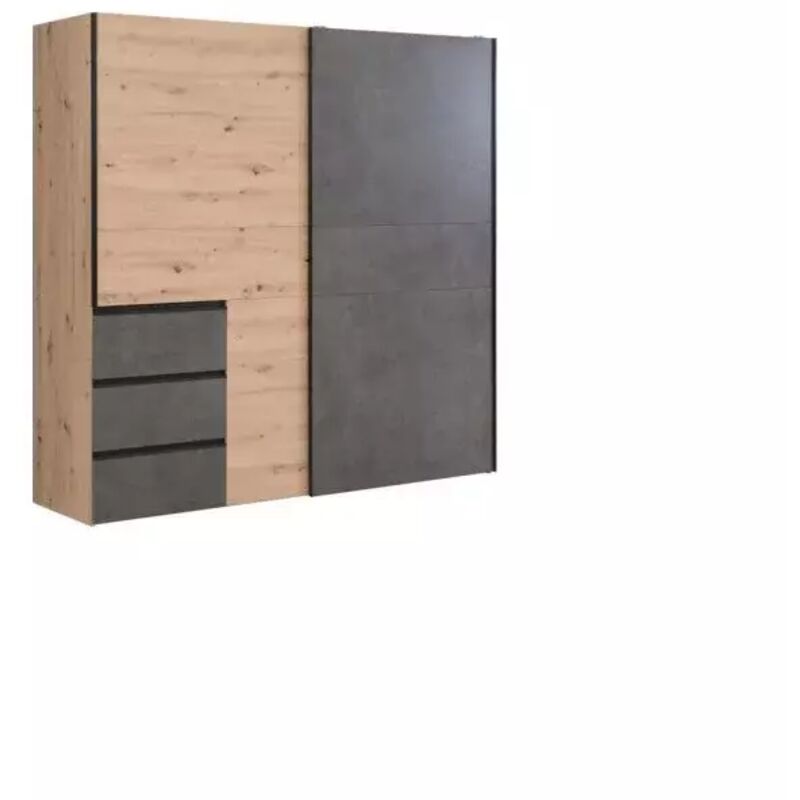 Meubletmoi - Armoire 200 cm 2 portes coulissantes 3 tiroirs décor bois béton - thor
