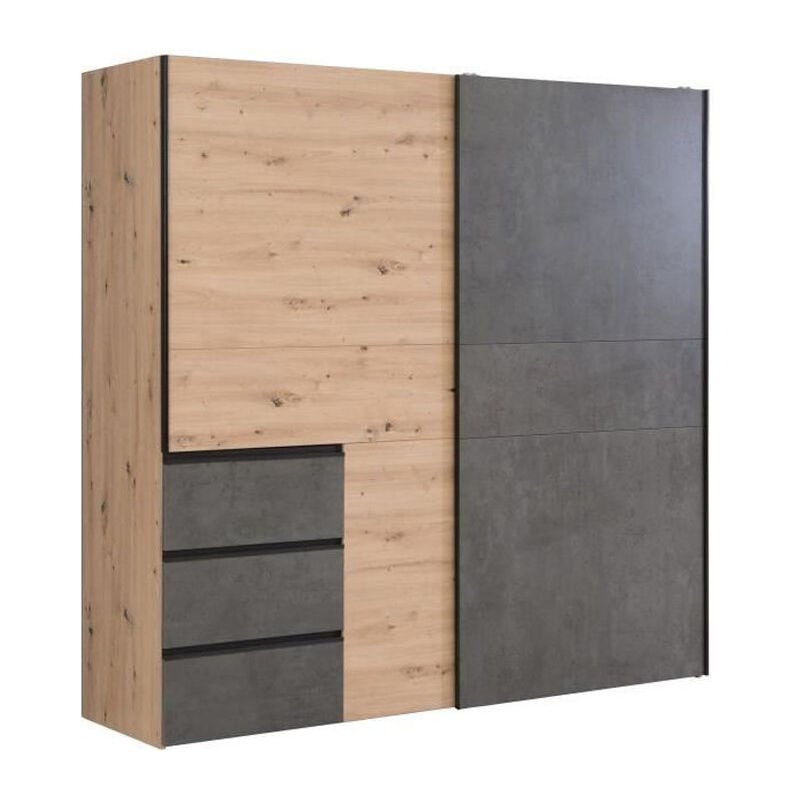 Les Tendances - Armoire 2 portes coulissantes 3 tiroirs - Decor chene artisan et beton gris - l 200,1 x p 61,2 x h 200,5 cm - WINN2