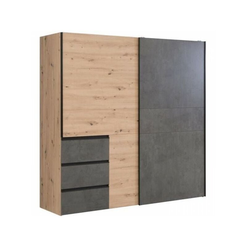Armoire 2 portes coulissantes 3 tiroirs - Décor chene artisan et béton gris - l 200,1 x p 61,2 x h 200,5 cm - WINN2