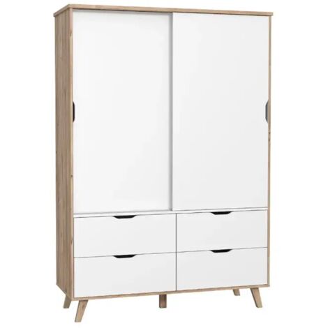 Armoire 2 portes coulissantes 4 tiroirs décor chêne et blanc - ALBANE