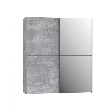Armoire 2 portes coulissantes 5 tablettes béton gris miroir - JEIK